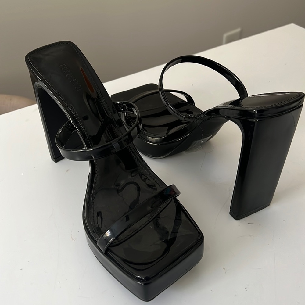 Strappy black platform mules